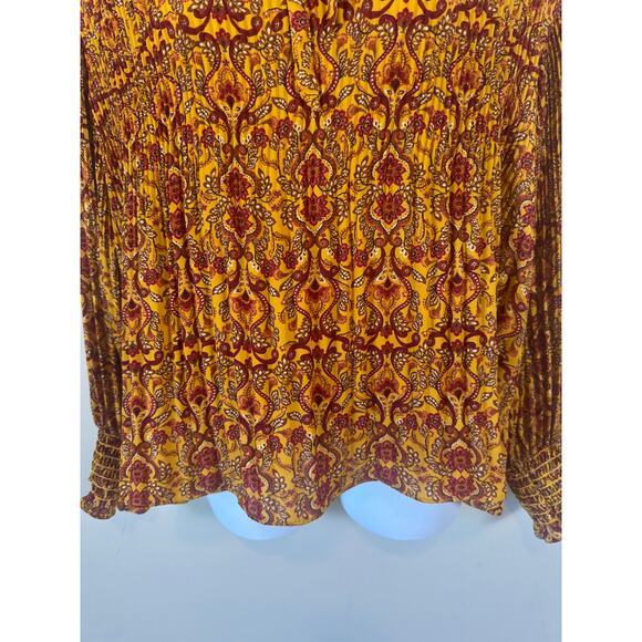 Max Studio XL Boho Tapestry Blouse Pleated Tie-Neck Smocked Cuff Peasant Top - Picture 5 of 10